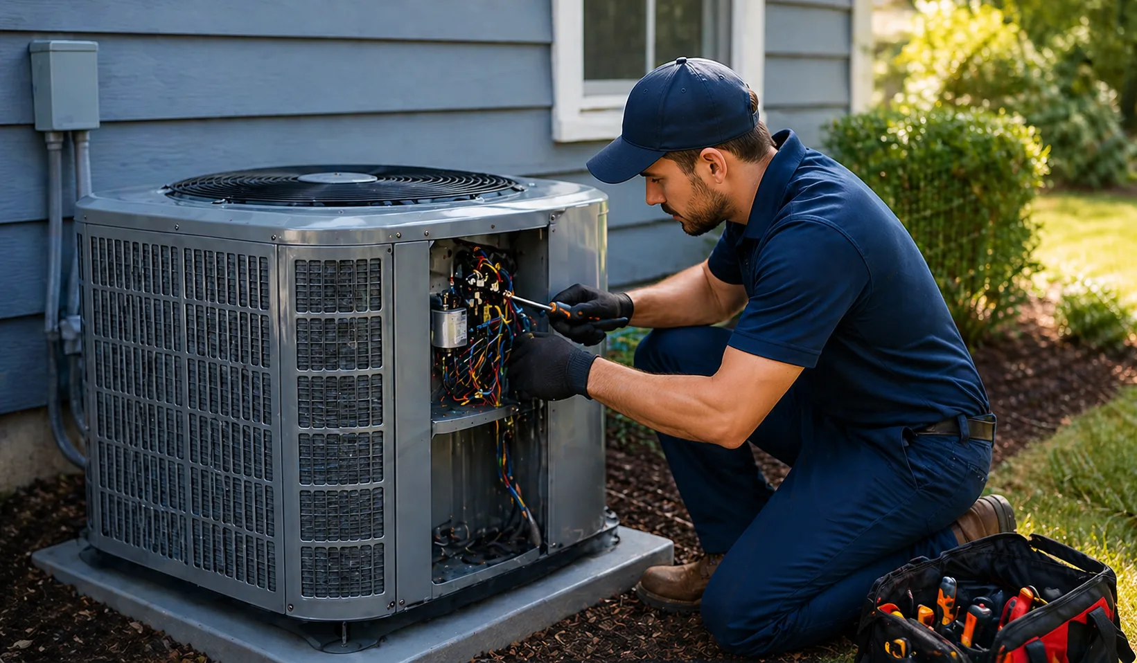 Des Moines HVAC technician checking refrigerant pressure on a residential AC unit